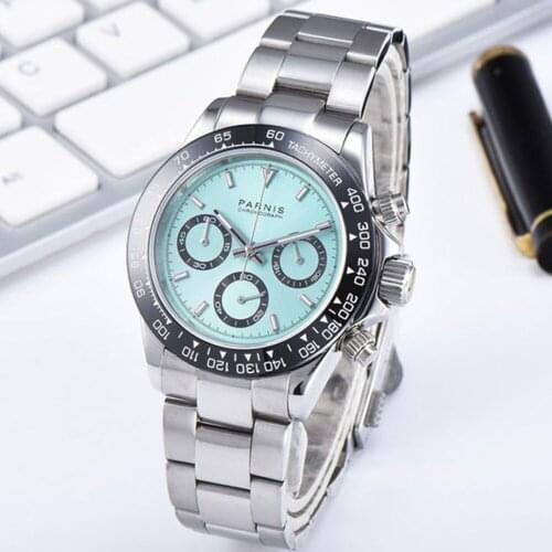 39mm PARNIS Sapphire Crystal Cermaic Bezel full Chronograph Quartz Mens Watch