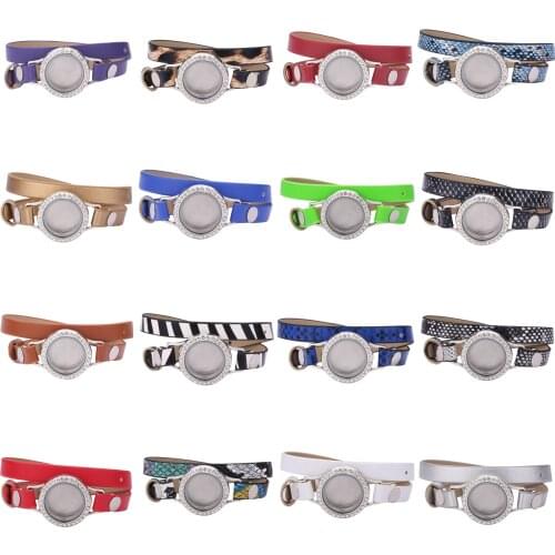 5pcs/lot 25mm Floating Glass+Steel Locket Double Wrap PU Leather Bracelets Wristband With 50pcs Random Charms Christmas gifts
