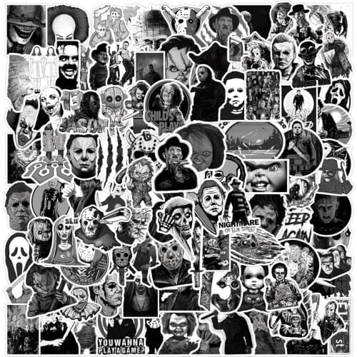 50/100pcs Black White Horror Characters Stickers For Notebooks Stationary Car Scrapbook Terror Sticker Aesthetic Craft Supplies