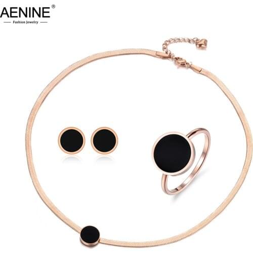 AENINE Trendy Black Acrylic Stainless Steel Snake Chain Thin Necklace Bracelet Earrings Rings Jewelry Sets For Women ASE004