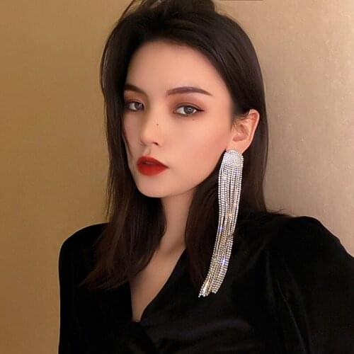ARLIE Full Rhinestone Long Tassel Drop Earrings for Women Oversize Shiny Crystal Dangle Earrings Fashion Jewelry Party Gifts