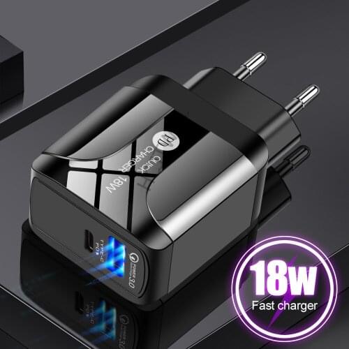QC3.0 PD18W Quick Charger QC3.0 Type C PD Wall Charging Dual USB Charge Fast Charger Adapter For iPhone 11 Xiaomi Laptop Huawei