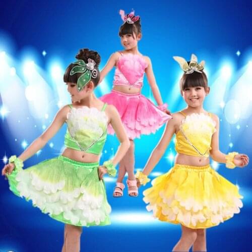 Childrens Day Dance Wear Girls Modern Ballroom Dance Costumes Kindergarten Performance Clothing Straps Top and Skirt