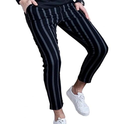 Men Pants Striped Drawstring Closure Streetwear Slim-Fit Pockets Trousers Daily Wear Streetwear Male Pencil Pants