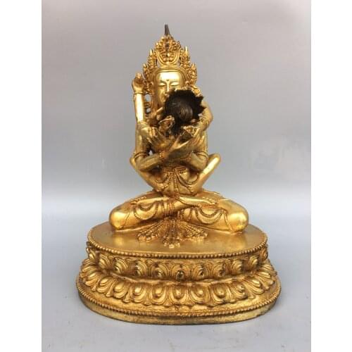 Home Decor 10"Tibet Buddhism Old Bronze Gilt Happy Buddha Statue Yab-Yum Sitting Buddha Enshrine the Buddha
