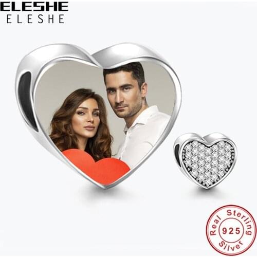 ELESHE Personalized Custom Photo 925 Sterling Silver Charm Crystal Heart Beads Fit Original Bracelet DIY Authentic Jewelry Gift