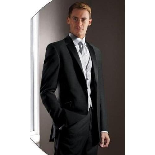 Custom Made Mens Suits Groomsmen Notch Lapel Groom Tuxedos Black Wedding Best Man Suit (Jacket+Pants+Tie+Vest) A26