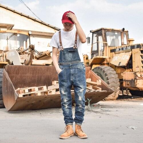 New Mens Ripped Denim Bib Overalls Fashion Distressed Jeans Jumpsuits for Man Suspender Detachable