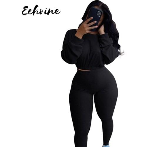 Winter Fall Womens Sweatpants Suits Set Solid Color Casual Crop Top And Jogger Pants Two Piece Set Tracksuit Matching Set S-2XL