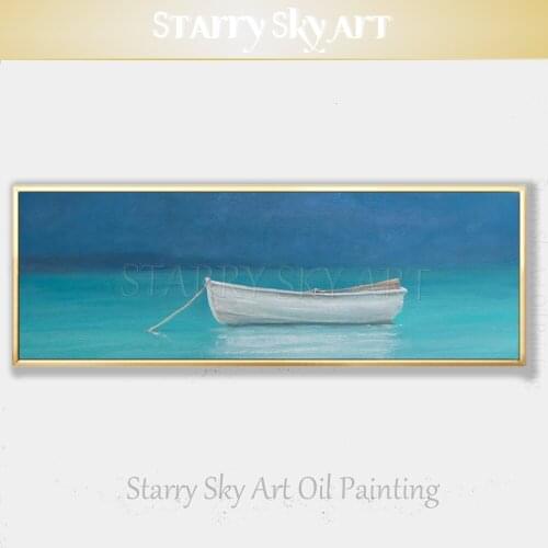 Beautiful Wall Art Hand-painted Lonely Boat in Lake Oil Painting Handmade Modern Fine Art Lonely White Boat Oil Painting Decor