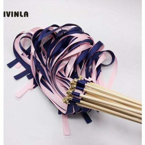 New Arrived 50pcs/lot navy +pink wedding ribbon stick wands with gold bell for wedding decoration