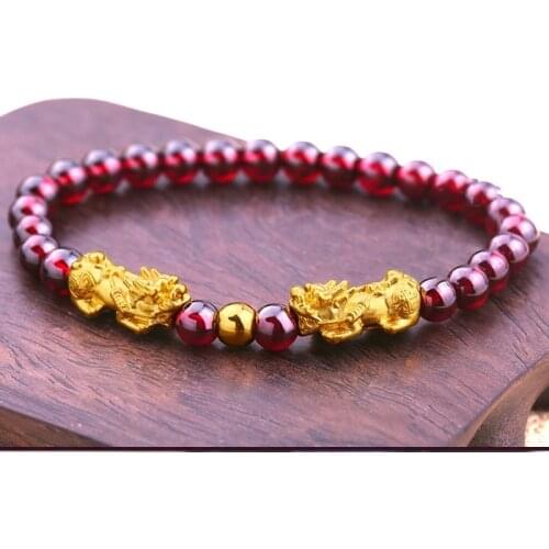 New Real 999 24K Yellow Gold Bracelet Womans 3D Two Bless Pixiu & Lucky Bead Link Red Garnet Chain
