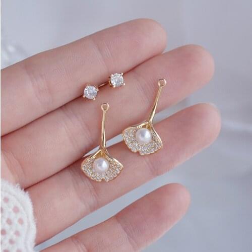 New Fashion Brand Jewelry 14K Gold Plated Pearl Stud Earrings for Women Gift Shining Zircon Leaves Earrings
