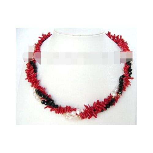 Huij 003841 3ROWS white natural pearls &red coral black crystal necklace discount 40