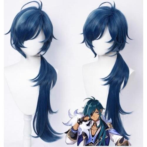 Genshin Impact Kaeya Cosplay Men 80cm Long Ink-Blue Wig Cosplay Anime Wigs Heat Resistant Synthetic wig Halloween Wigs + Wig Cap