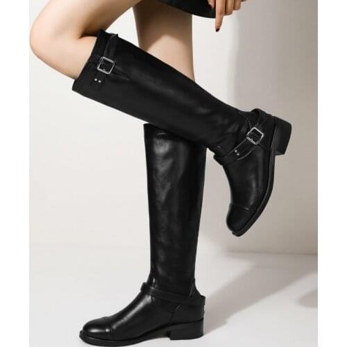 New Ladies Comfortable Low-Heel Knight Boots Spring Autumn Fashion Belt Buckle Zipper Knee High Boots Female Loose PU Shoes