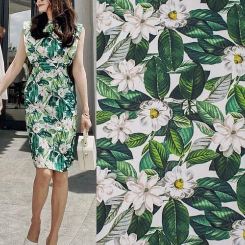Gardenia And Leaf Printed Bright Silk Chiffon Fabric For Summer Dress Vestidos Vestido Plus Tissu Patchwork Tissu Au Metre Telas