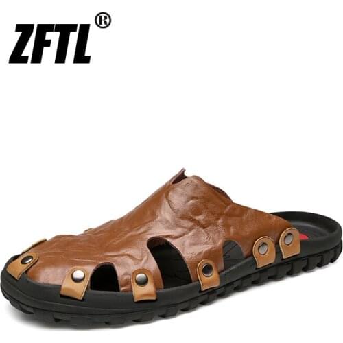 ZFTL New Men Slippers male beach slippers genuine leather man big size casual summer outdoor slippers man non-slip 082