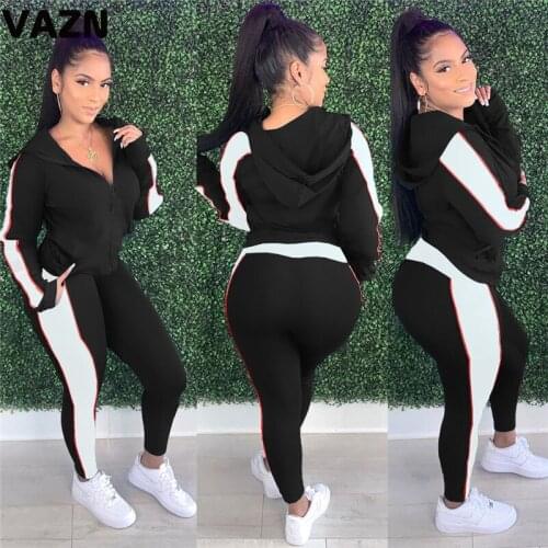 VAZN Autumn High Quality Clubwear Sexy Women 2 Piece Set Full Sleeve 2 Piece Hooded Striped Full Lady Set