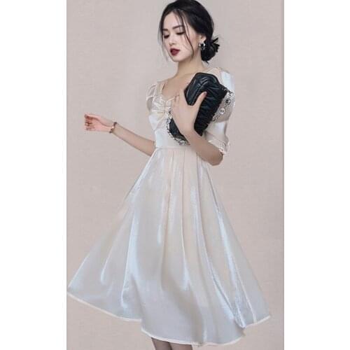 Summer Women Fairy Dresses 2021 Retro French Summer Elegant Office Lady V-Neck Puff Sleeve Slim Waist Midi Dress Vestidos
