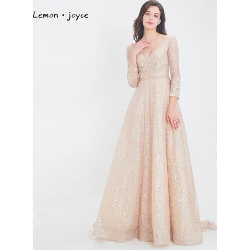 Lemon joyce Champagne Evening Dresses Long Sleeves for Women Sexy V-neck Backless A-line Prom Gowns robe de soiree