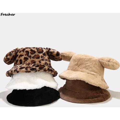 Winter Fashion Cute Leopard Bear Ear Bucket Hat For Women Thick Warm Faux Fur Furly Fisherman Cap Outdoor Protection Soft Panama
