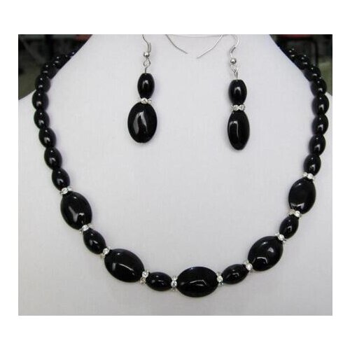 Free Shipping 8x12mm & 13x18mm Black jade Onyx Gems Necklace 18" Earrings set