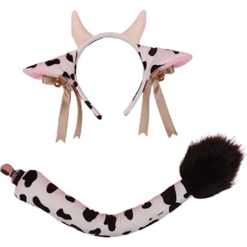 Animal Cow Ears Headdress Tail Set Plush Handmade Costume Set Anime for Halloween Christmas Cosplay Accessories