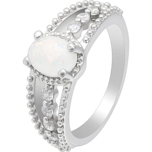 Hainon Vintage Oval Egg Shape White Fire Opal Rings Clear Cubic Zircon Promise Wedding Rings for Women Silver Color Jewelry