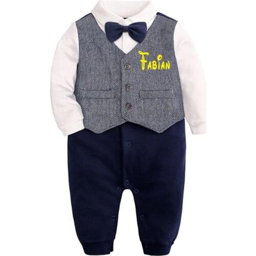 Custom Baby Boy Clothes Gentleman Romper Long Sleeve Jumpsuit Cotton Baby Clothing Infant Bow Tie Costume Handsome Baby Rompers