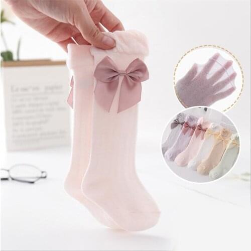 Soft Breathable Baby Toddlers Girls Socks Bowknot Mesh Cotton Socks Newborn Medium Tube 3/4 Knee High Socks for Girls skarpety