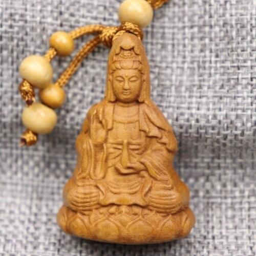 Wood Chinese Kwan Yin Statue Key Chain Wood Carving Pendant Buddha Statue Feng Shui Gifts
