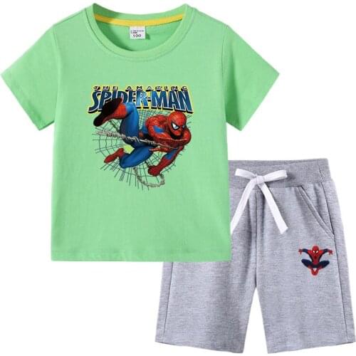 Avengers Marvel Spiderman Boys Clothes Set Summer Disney Cartoon Printing Kids T Shirt + Pants Casual Suit Outfits Clothing Tops