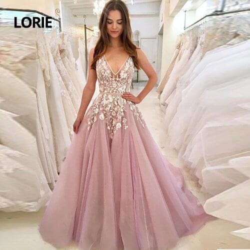 LORIE Lace Wedding Dresses 2019 New Gorgeous Ball Gown V Neck Pink Soft Tulle Bridal Gown Princess Wedding Party Dresses