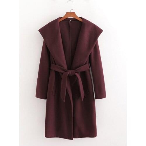 Merodi Women Winter Vogue Za burgundy Long Hooded Coats With Belt Female Elegant Long Sleeve High Waist Slim Outwear Jackets