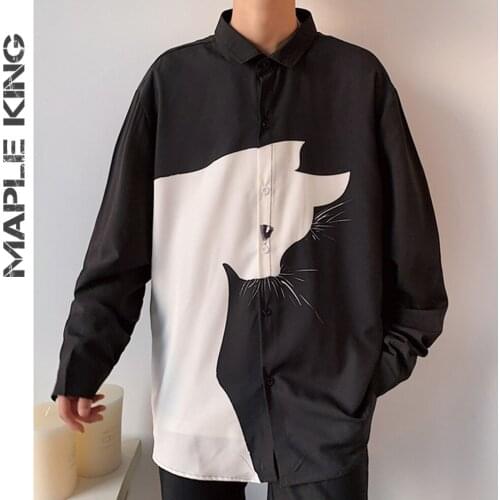 Mens Cat Printed Harajuku Shirts Long Sleeve Streetwear Korean Clothes Men Women Oversized Blusas Tops camisa Windbreaker M-5XL