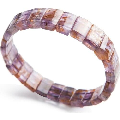Genuine Natural Purple Gold Titanium Cacoxenite Rutilated Quartz Rectangle Bead Women Bracelet