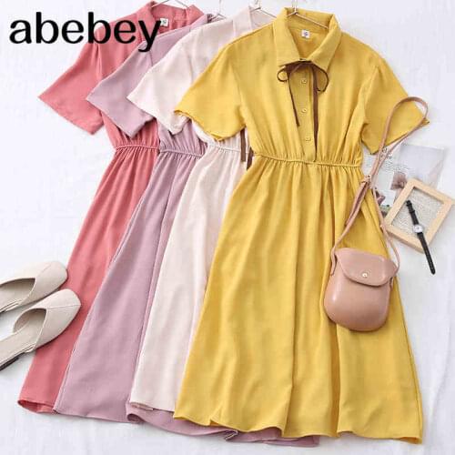 2021 New Summer Korean fashion lace up bow Dress Lapel single breasted high waist slim A-line Dress