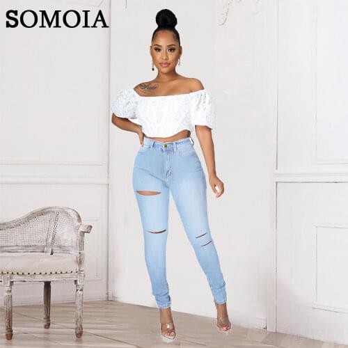 Plus Size XL-5XL Women High Waist Jeans Cowboy Bottoms Streetwear Tights Denim Pants Holed Jeans Wholesale Items Dropshipping
