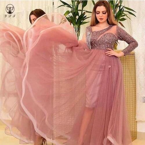 Fashion Irregular Neck Bling Bling Long Sleeve Beading Short Inner Skirt Floor Length Prom Dresses