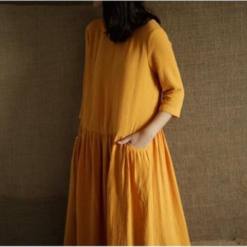 2020 Spring Autunm women Three Quarter Sleeve dress,loose casual cotton linen dress with pockets,plus size dress S-5XL 6XL