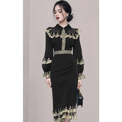 Fashion Vintage Lace Patchwork Black Dress Women New Autumn Elegant High Waist Office Lady Slim Simple Dresses Vestidos