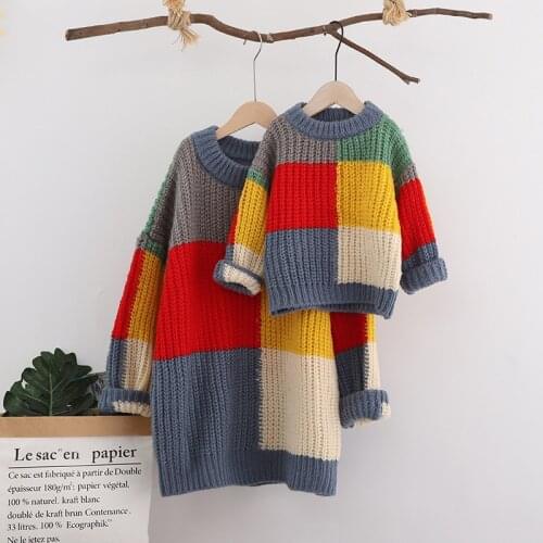2020 Winter Family Matching Outfit Clothes Knitted Sweater for Mum and Me Fashion Plaid Knitting Pullovers for New Year