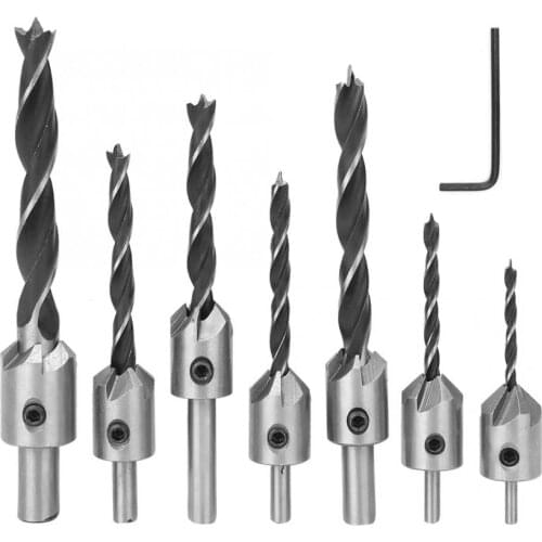 7Pcs 3/4/5/6/8/10mm Woodworking Countersunk Drill Bit 5 Flute Chamfer Power Drilling Tools With Hex Key