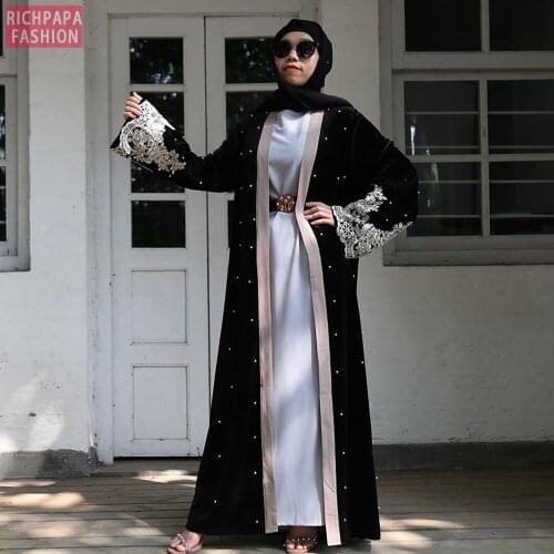 Black Lace Velvet Abaya Kimono Cardigan Dubai Hijab Muslim Dress Women Turkish Islam Clothing Kaftan Abayas Caftan Robe Kleding