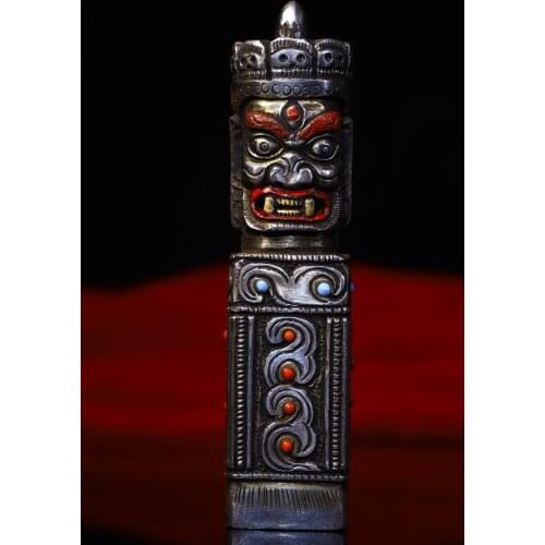 4"Tibet Temple Collection Old Tiantie Tracing mosaic gem Skull Mahakala head statue French seal seal amulet Town House Exorcism