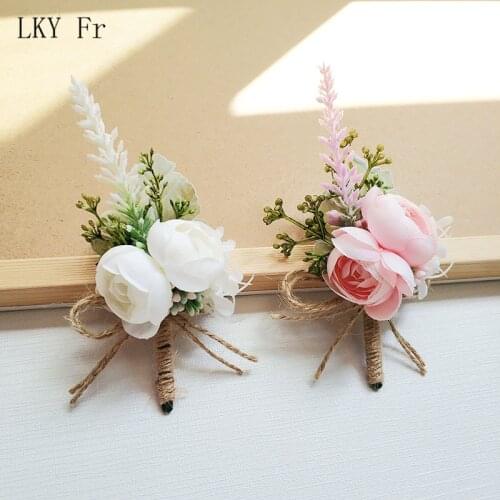 LKY Fr Boutonniere Wedding Wrist Corsage Bracelet Bridesmaid Silk Rose White Groom Boutonniere Flowers Prom Marriage Accessories