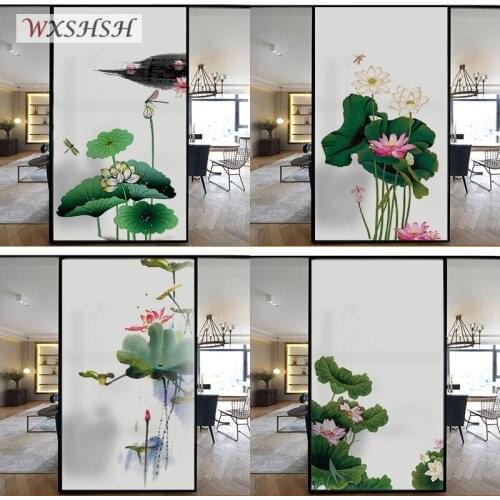 Custom Size Glass Film Static Cling Chinese Ink Painting Style Lotus Vinyl Privacy Protection Stained Home Decoration 40cmx100cm