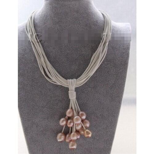 ShippingChoker 16" 15row 14mm pink-purple pearls white leather Pendant necklace j9547
