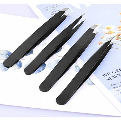 4pc/set Black Eyebrow Tweezer Eyelash Extension Beauty Tools Point Slant Flat Tip Makeup Eyebrow Hair Remove Clips Nail Tweezers
